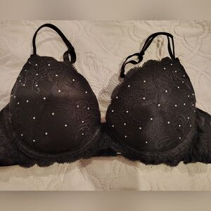 HERS Black Rhinestone Accent Bra 38C